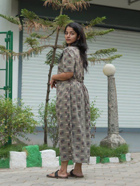 Taupe Geometric Print Maternity Feeding Maxi Dress