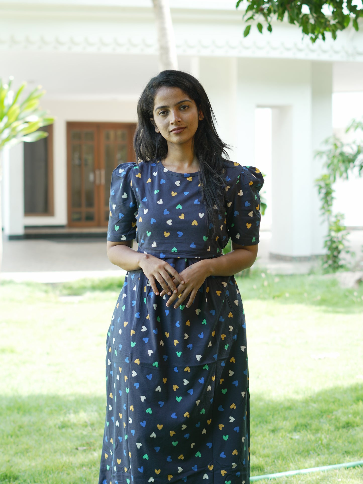 Navy Blue Heart Print Maternity Feeding Maxi Dress
