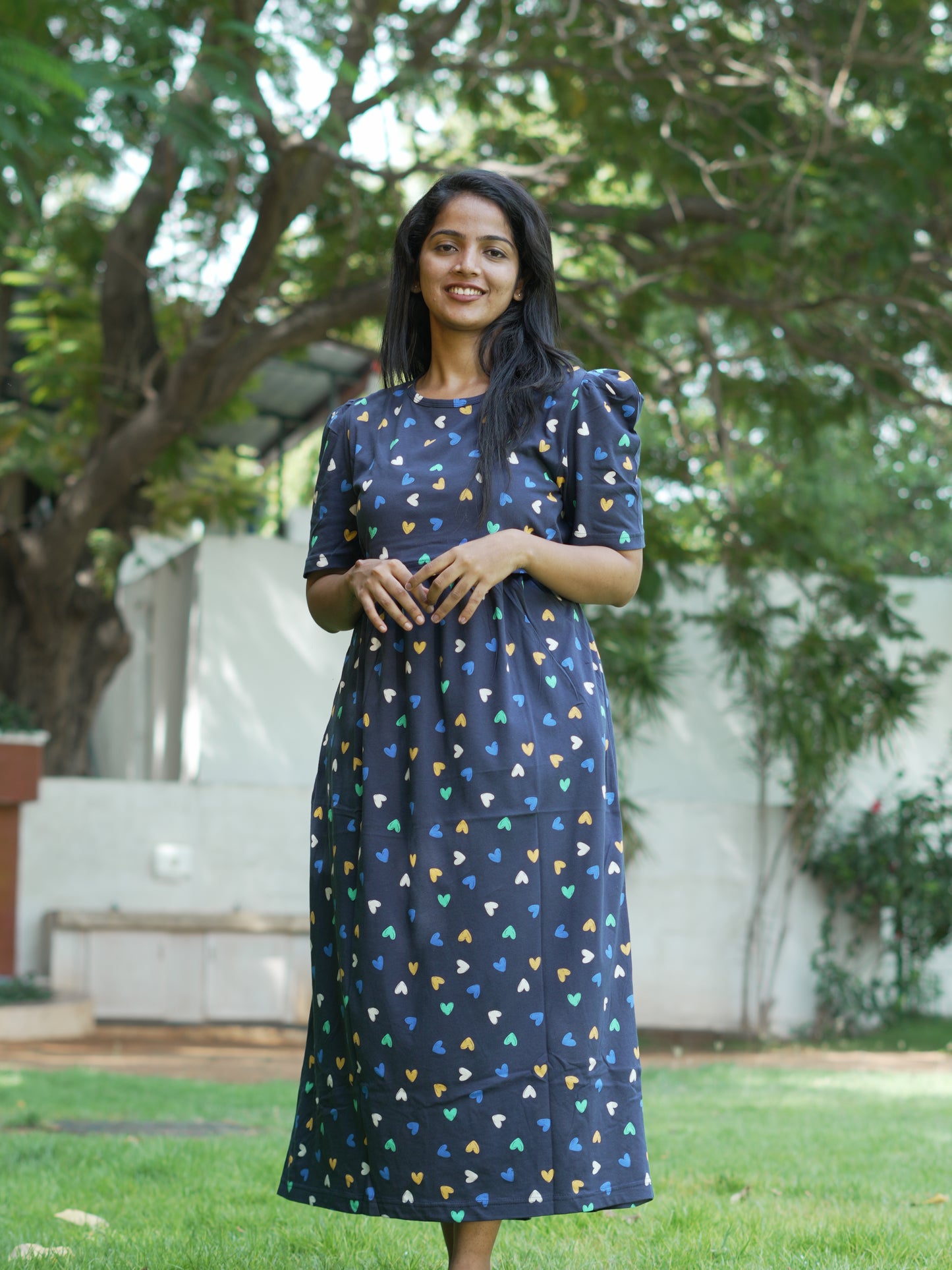Navy Blue Heart Print Maternity Feeding Maxi Dress