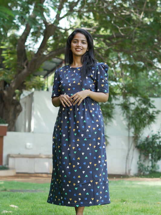 Navy Blue Heart Print Maternity Feeding Maxi Dress