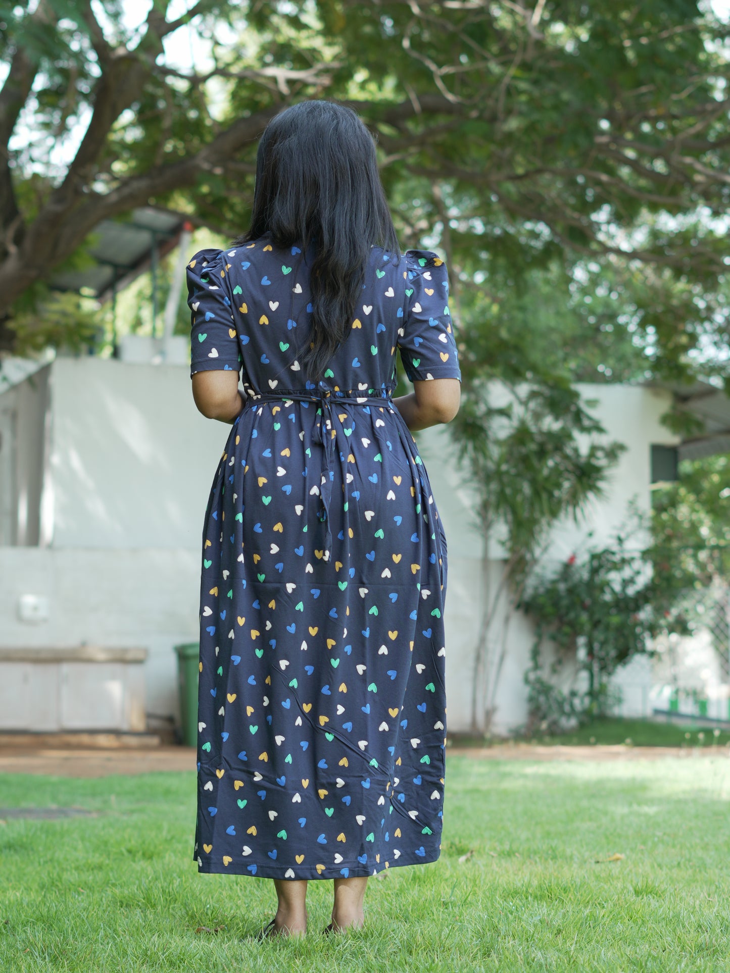 Navy Blue Heart Print Maternity Feeding Maxi Dress