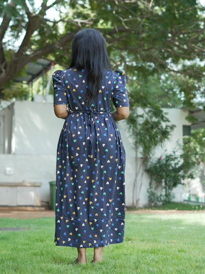 Navy Blue Heart Print Maternity Feeding Maxi Dress