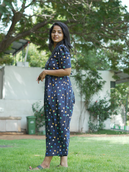 Navy Blue Heart Print Maternity Feeding Maxi Dress