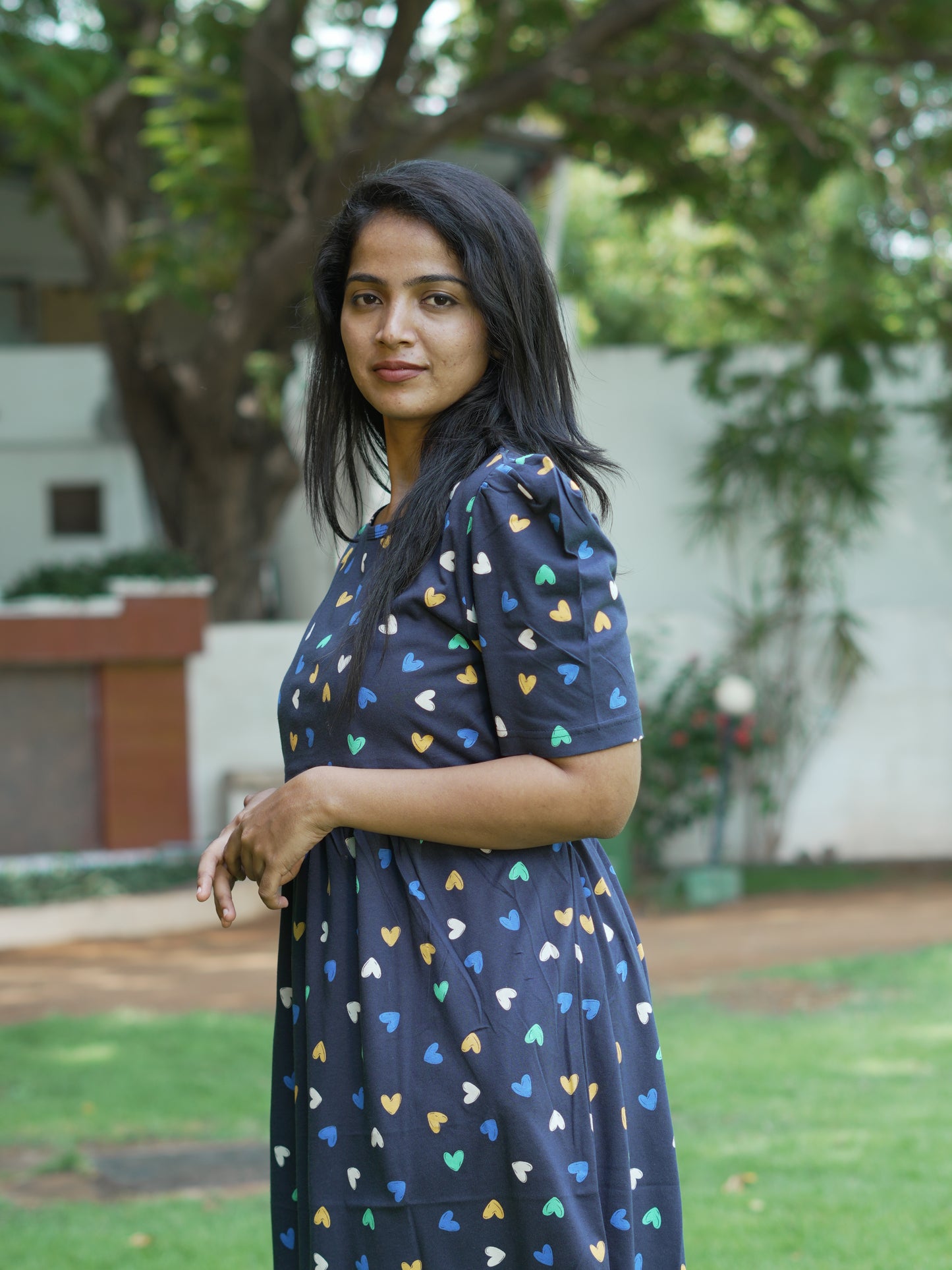 Navy Blue Heart Print Maternity Feeding Maxi Dress