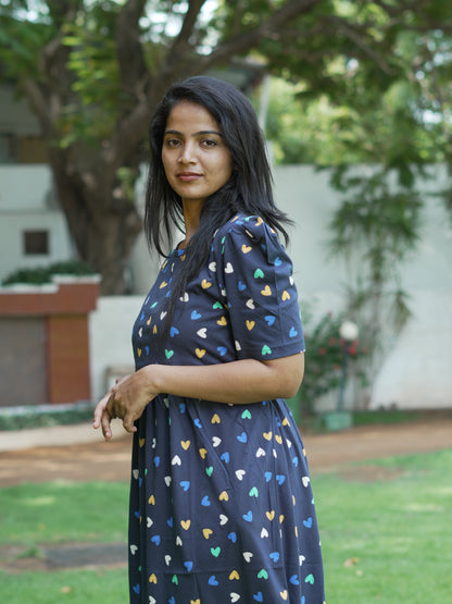 Navy Blue Heart Print Maternity Feeding Maxi Dress