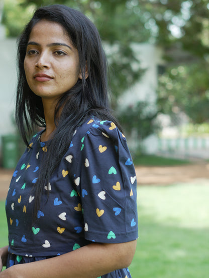 Navy Blue Heart Print Maternity Feeding Maxi Dress