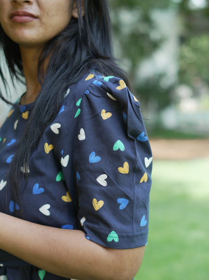 Navy Blue Heart Print Maternity Feeding Maxi Dress