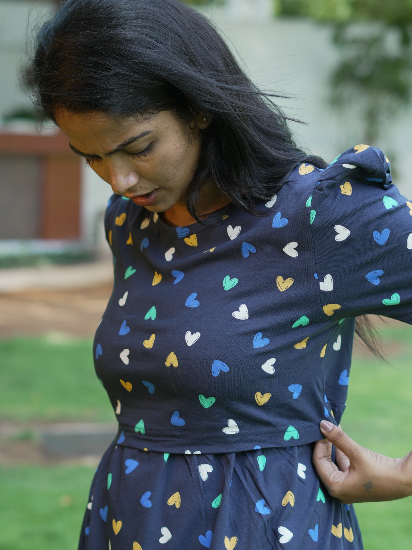 Navy Blue Heart Print Maternity Feeding Maxi Dress