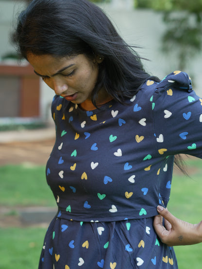 Navy Blue Heart Print Maternity Feeding Maxi Dress
