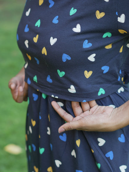 Navy Blue Heart Print Maternity Feeding Maxi Dress