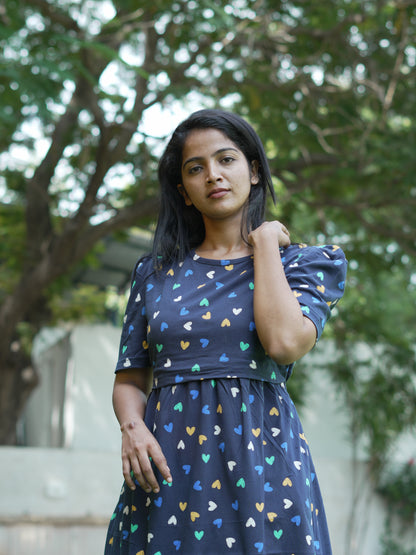 Navy Blue Heart Print Maternity Feeding Maxi Dress
