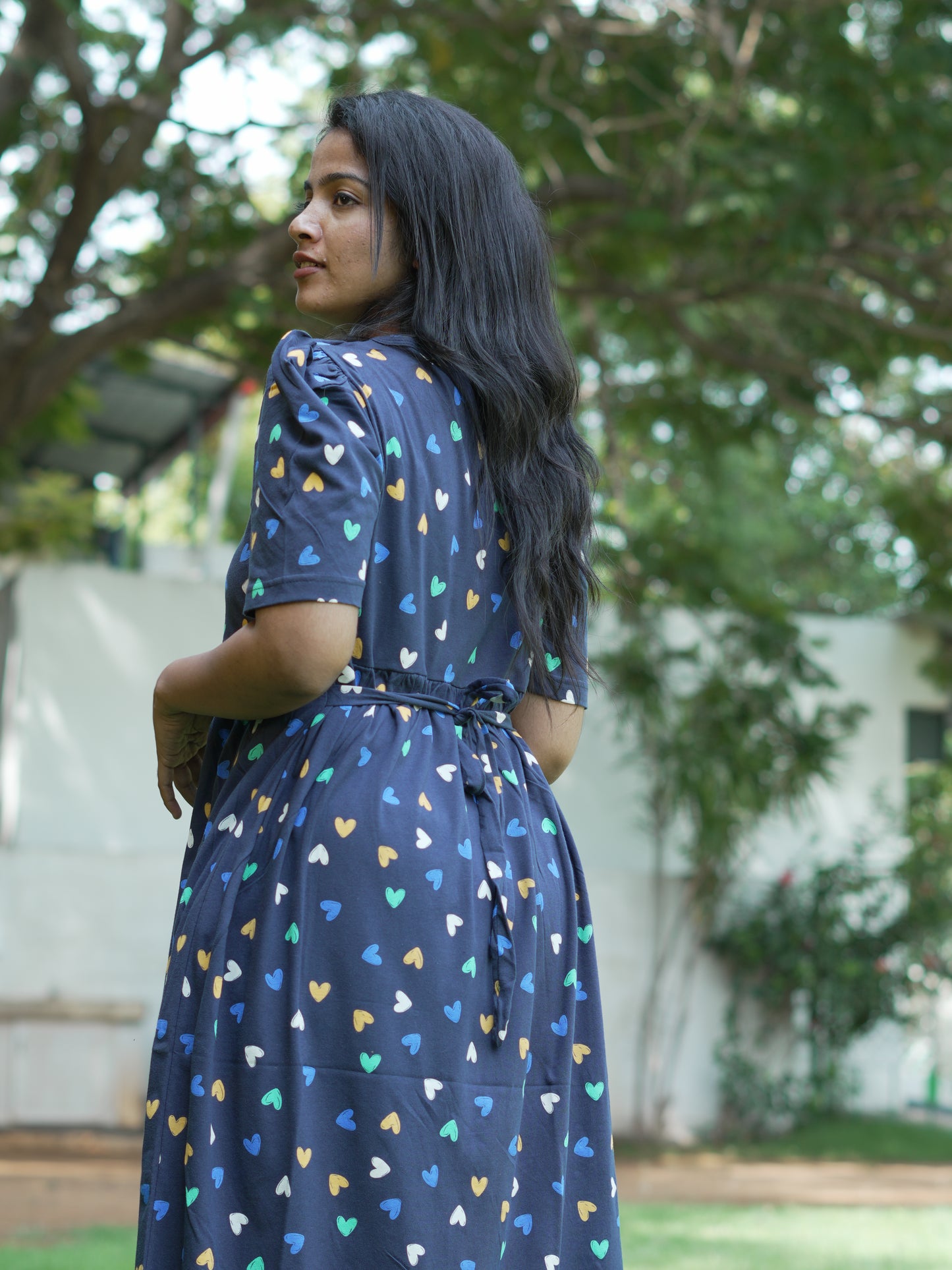 Navy Blue Heart Print Maternity Feeding Maxi Dress