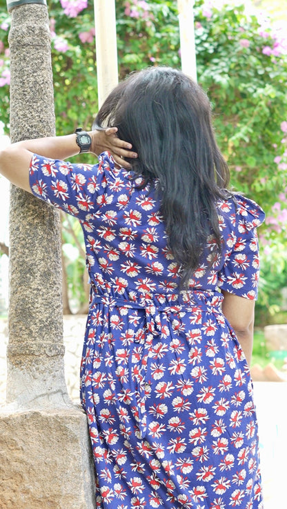 Royal Blue Floral Print Maternity Feeding Maxi Dress