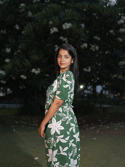 Olive Green Floral Print Maternity Feeding Maxi Dress