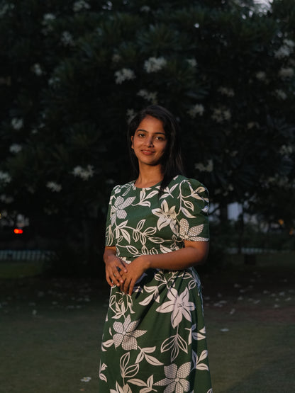 Olive Green Floral Print Maternity Feeding Maxi Dress