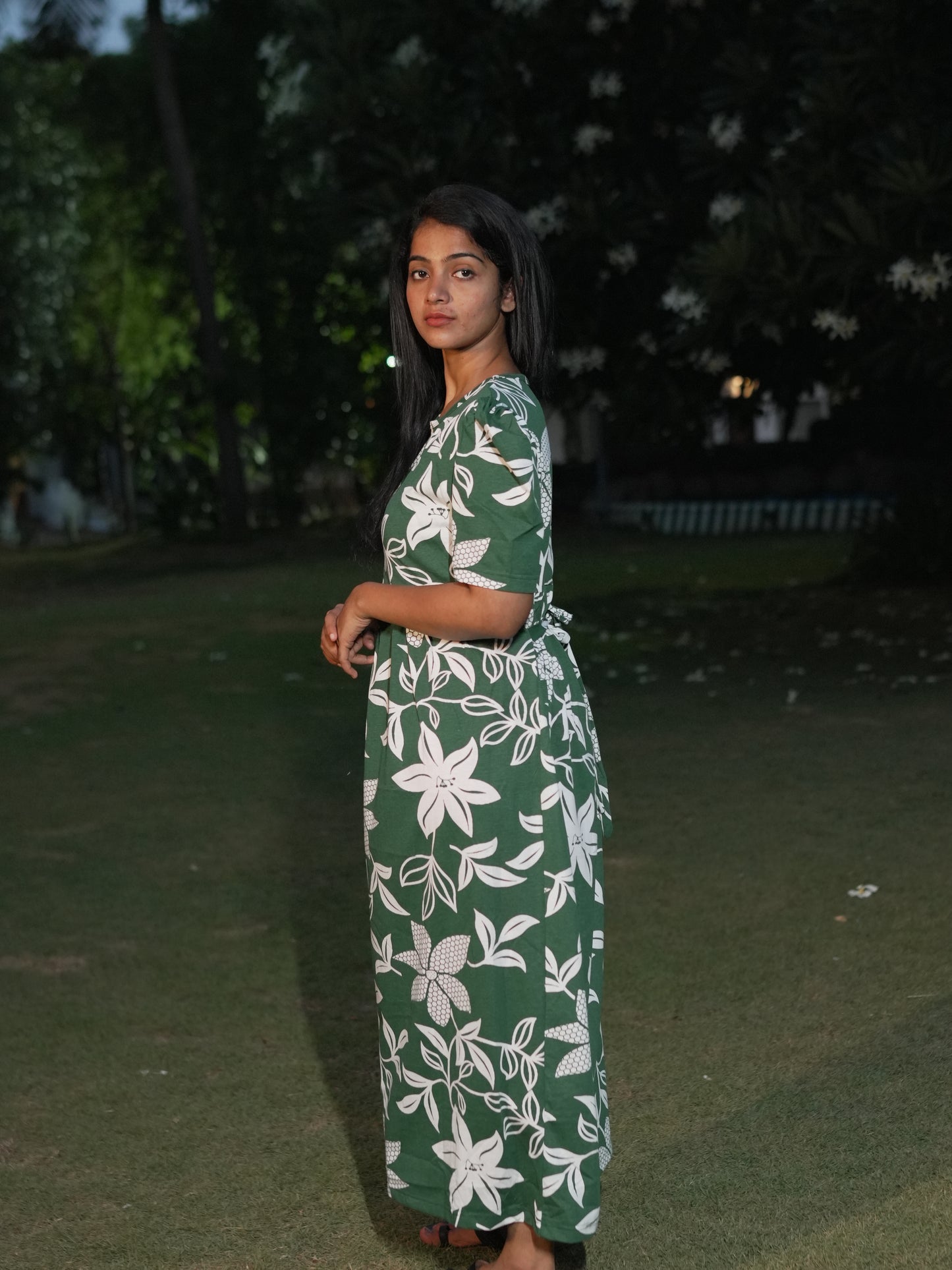 Olive Green Floral Print Maternity Feeding Maxi Dress