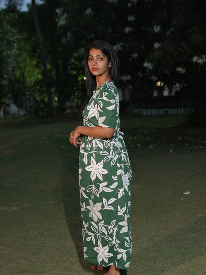 Olive Green Floral Print Maternity Feeding Maxi Dress