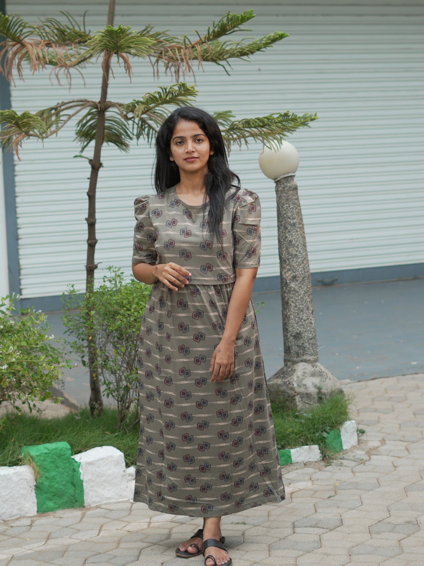 Taupe Geometric Print Maternity Feeding Maxi Dress