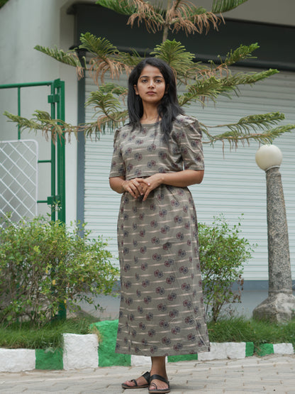 Taupe Geometric Print Maternity Feeding Maxi Dress