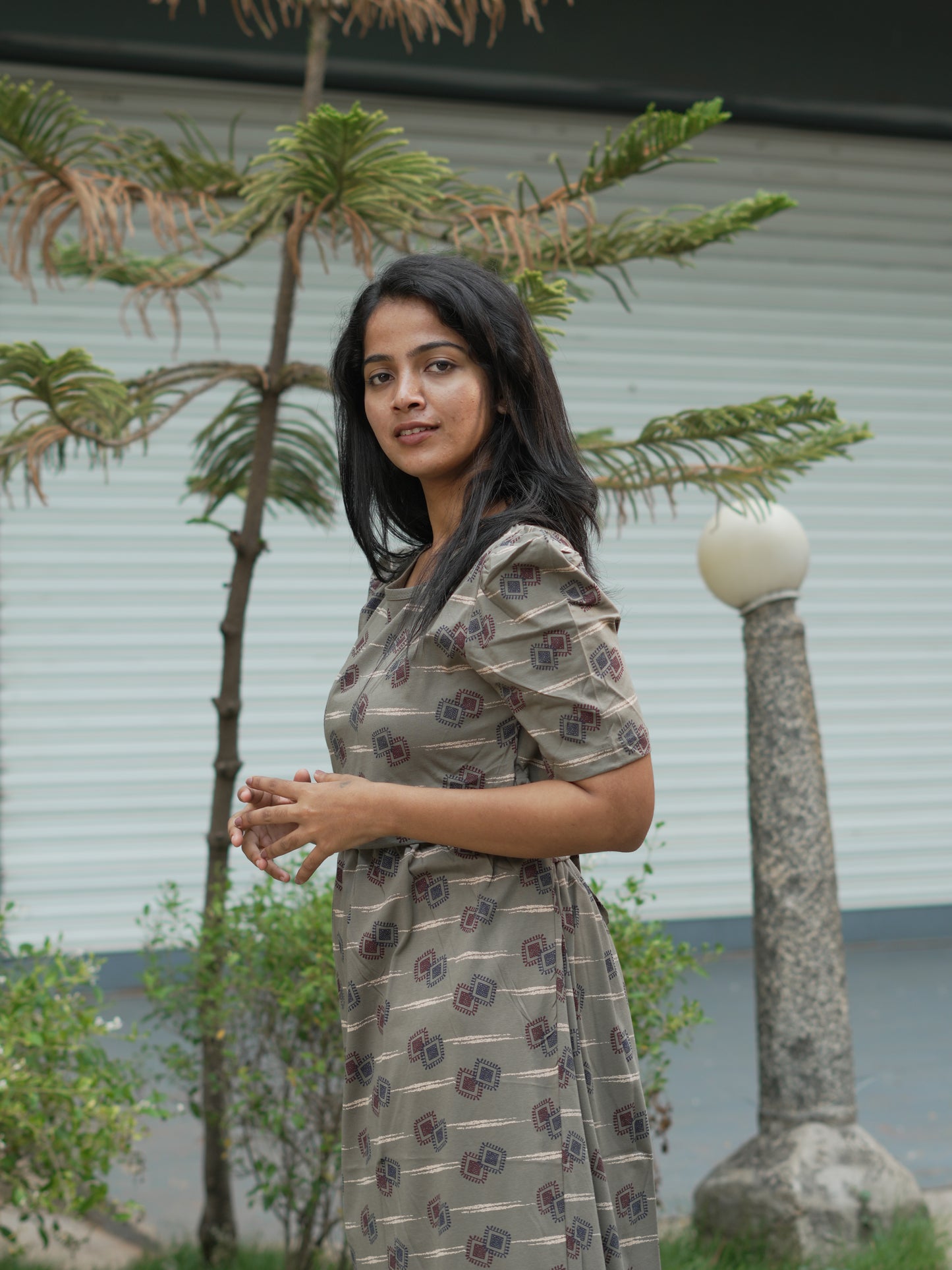 Taupe Geometric Print Maternity Feeding Maxi Dress