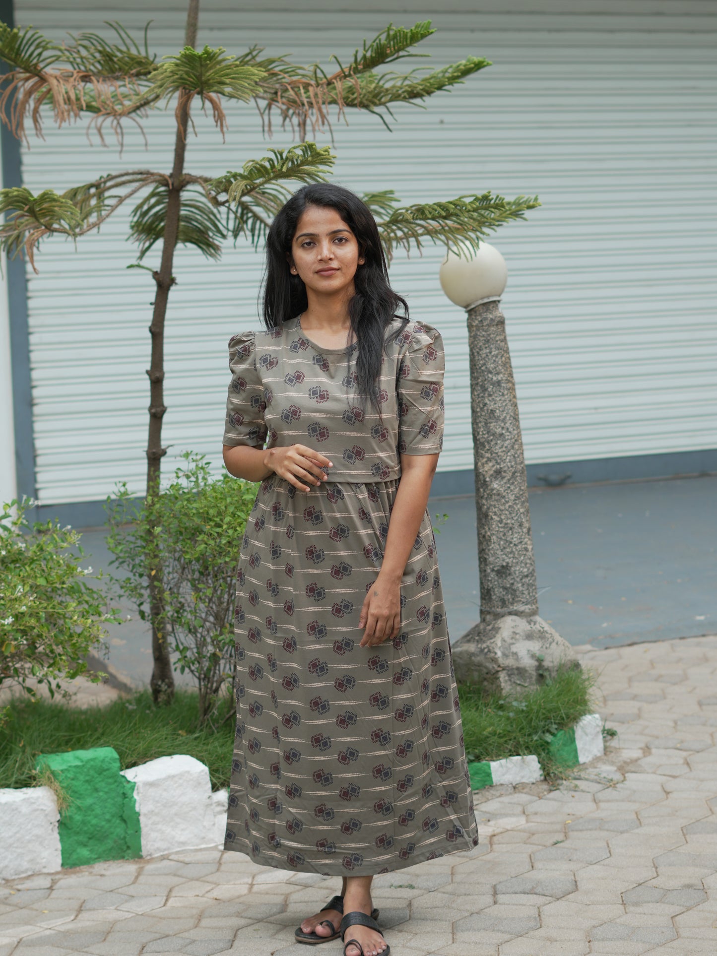 Taupe Geometric Print Maternity Feeding Maxi Dress