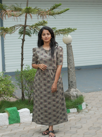 Taupe Geometric Print Maternity Feeding Maxi Dress