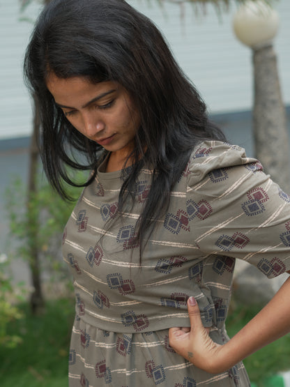 Taupe Geometric Print Maternity Feeding Maxi Dress