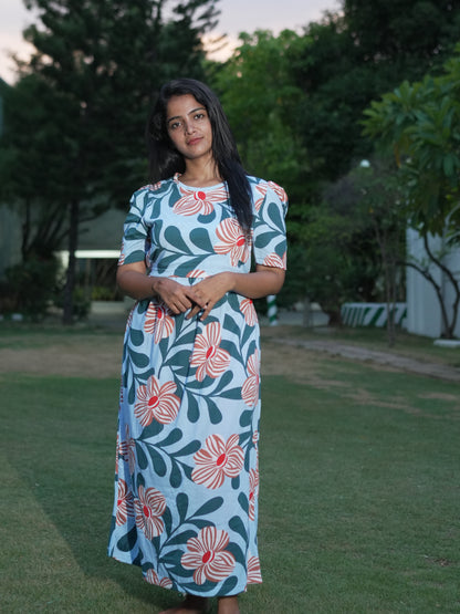 Sky Blue Floral Print Maternity Feeding Maxi Dress