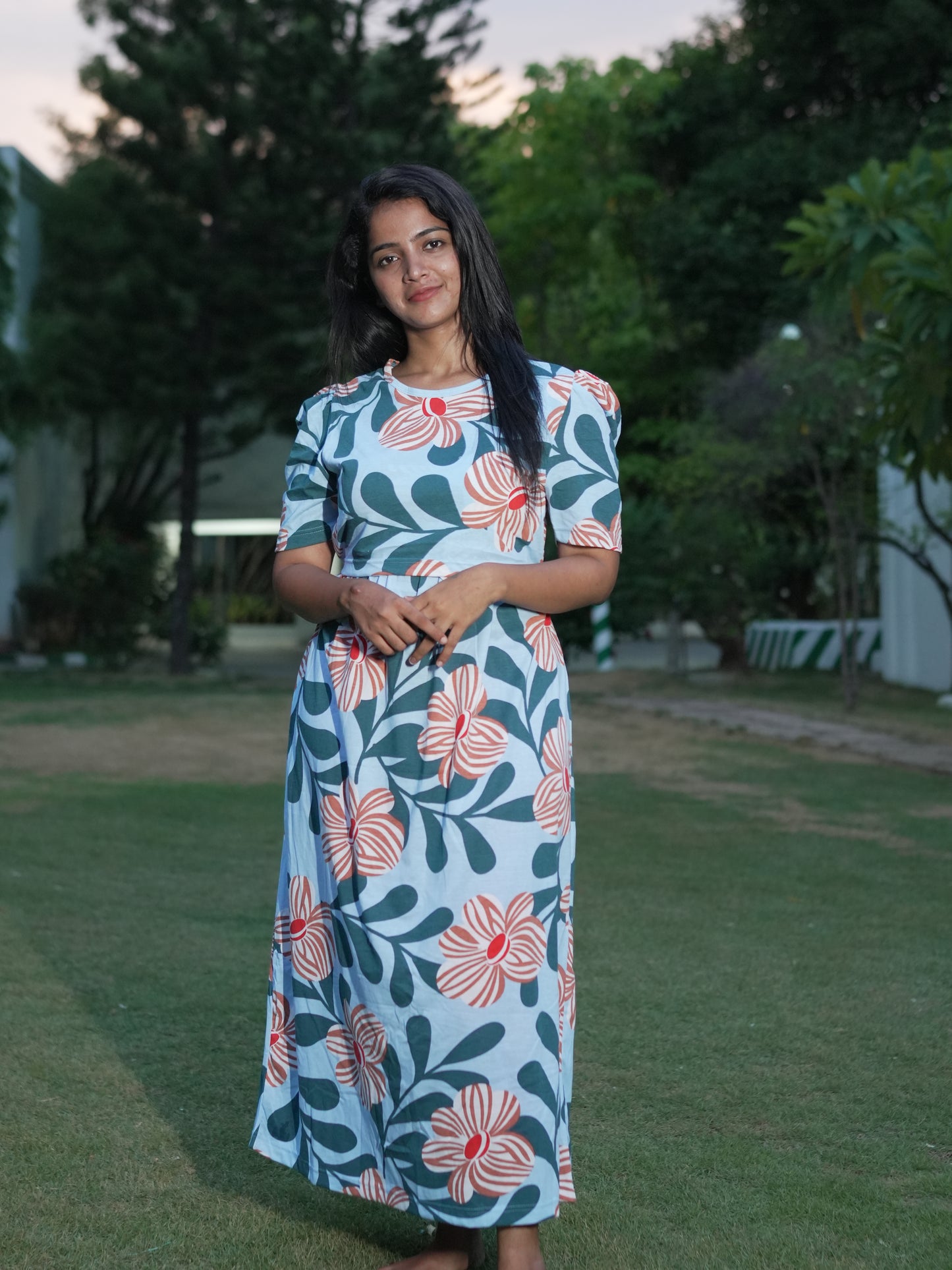 Sky Blue Floral Print Maternity Feeding Maxi Dress