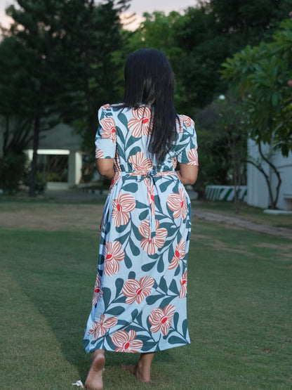 Sky Blue Floral Print Maternity Feeding Maxi Dress
