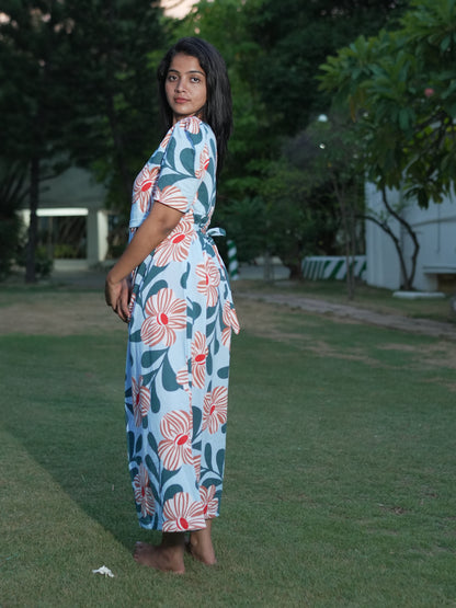 Sky Blue Floral Print Maternity Feeding Maxi Dress