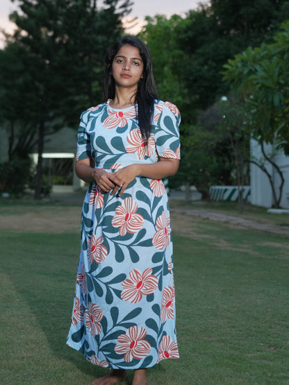 Sky Blue Floral Print Maternity Feeding Maxi Dress