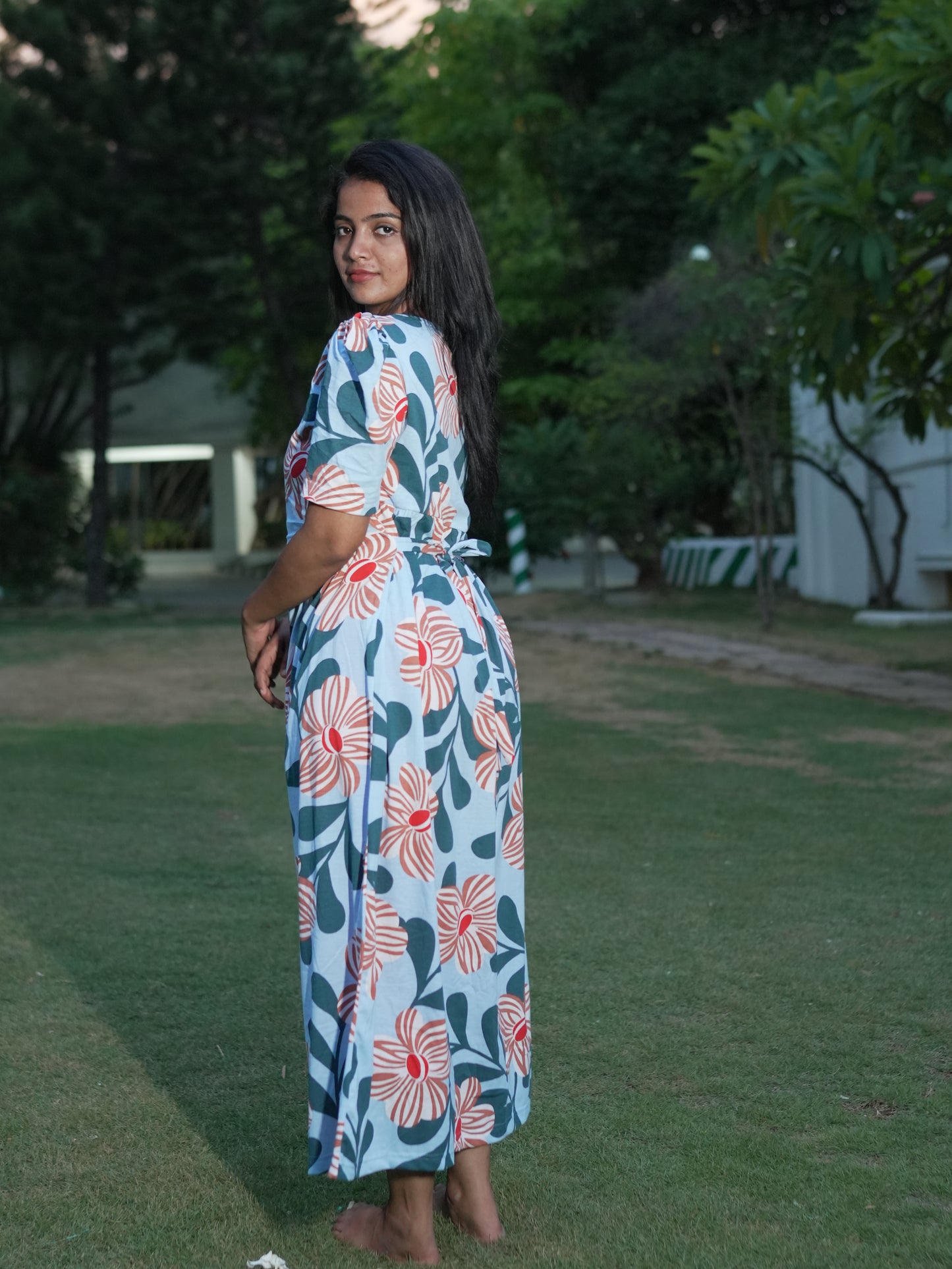 Sky Blue Floral Print Maternity Feeding Maxi Dress