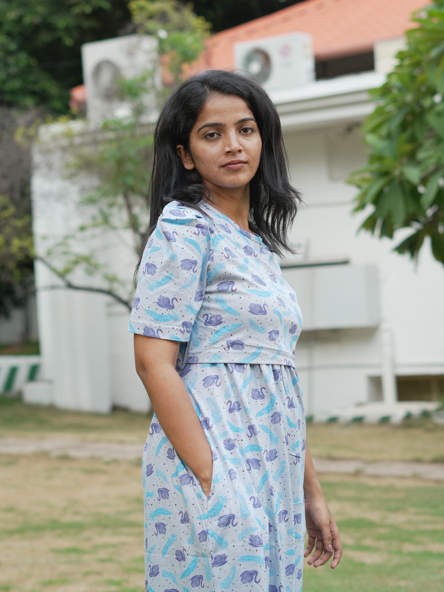 Sky Blue Swan Print Maternity Feeding Maxi Dress