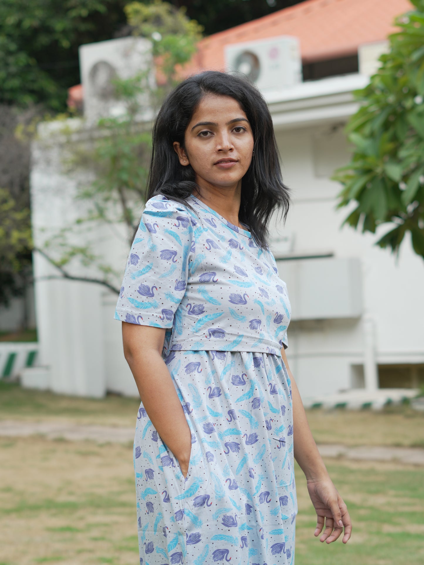 Sky Blue Swan Print Maternity Feeding Maxi Dress