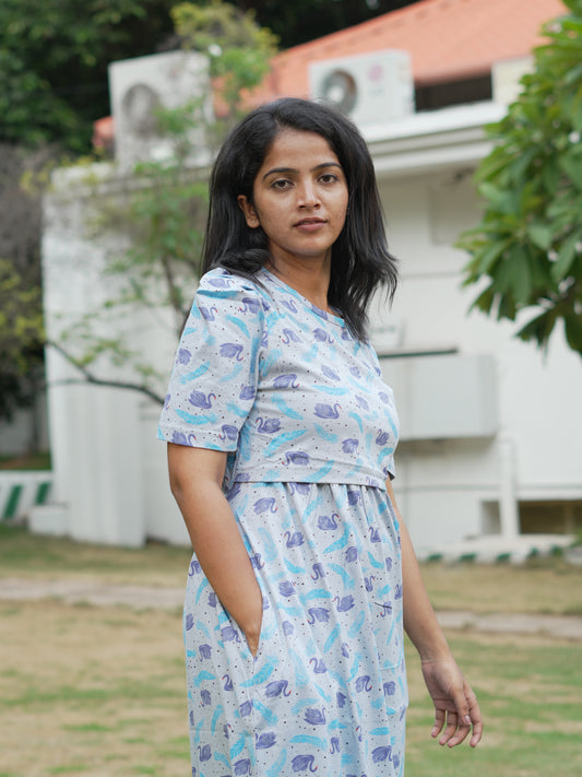 Sky Blue Swan Print Maternity Feeding Maxi Dress