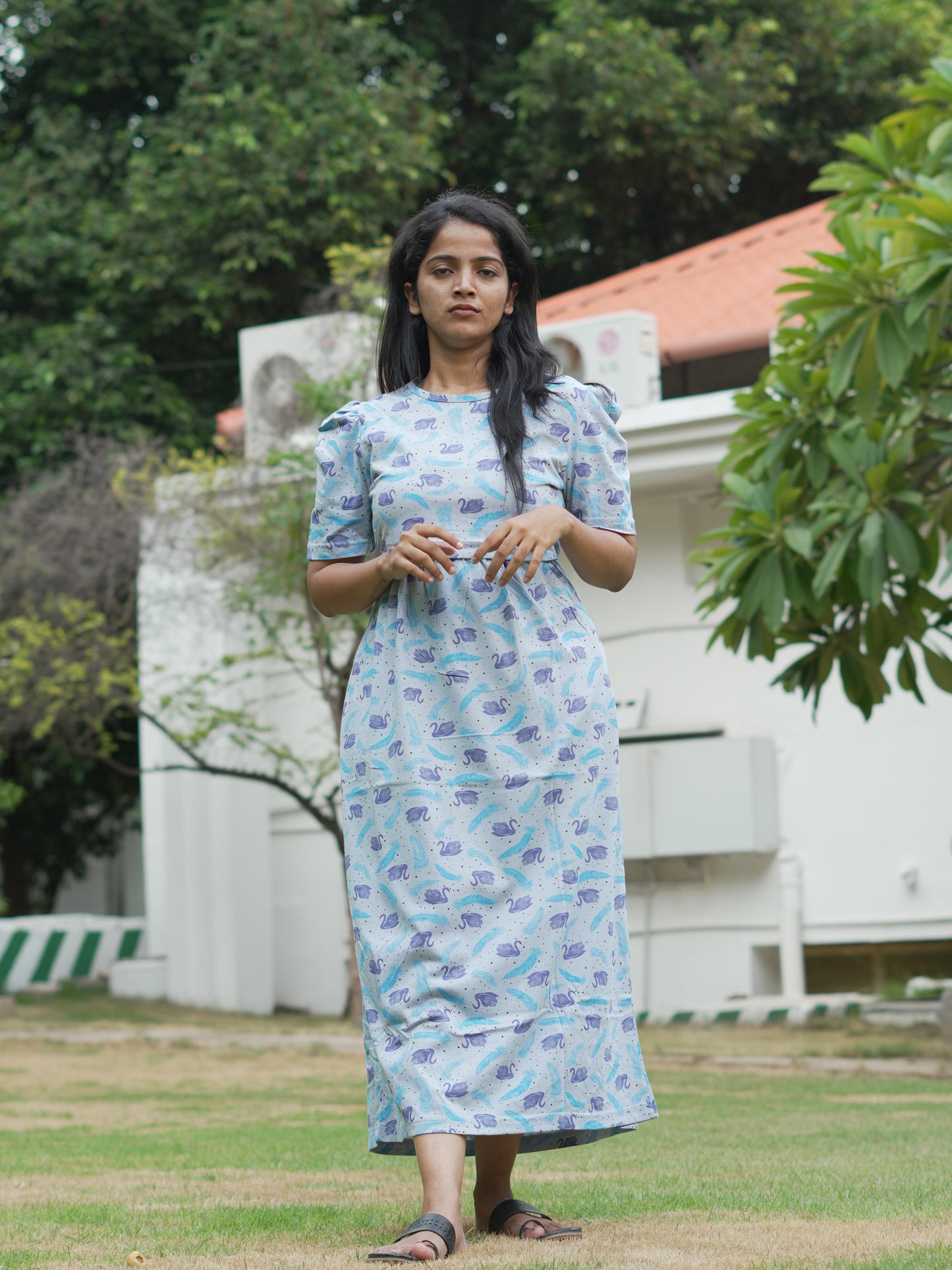 Sky Blue Swan Print Maternity Feeding Maxi Dress