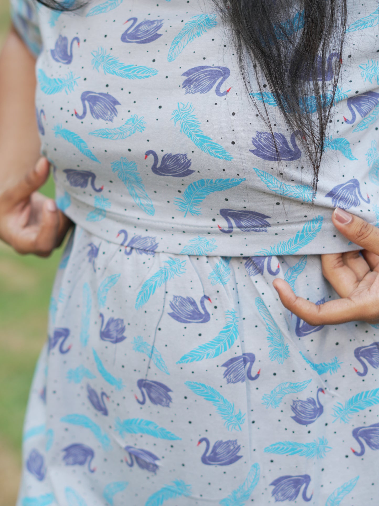 Sky Blue Swan Print Maternity Feeding Maxi Dress