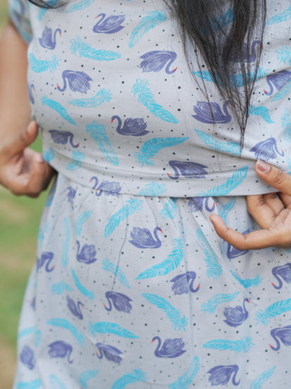 Sky Blue Swan Print Maternity Feeding Maxi Dress