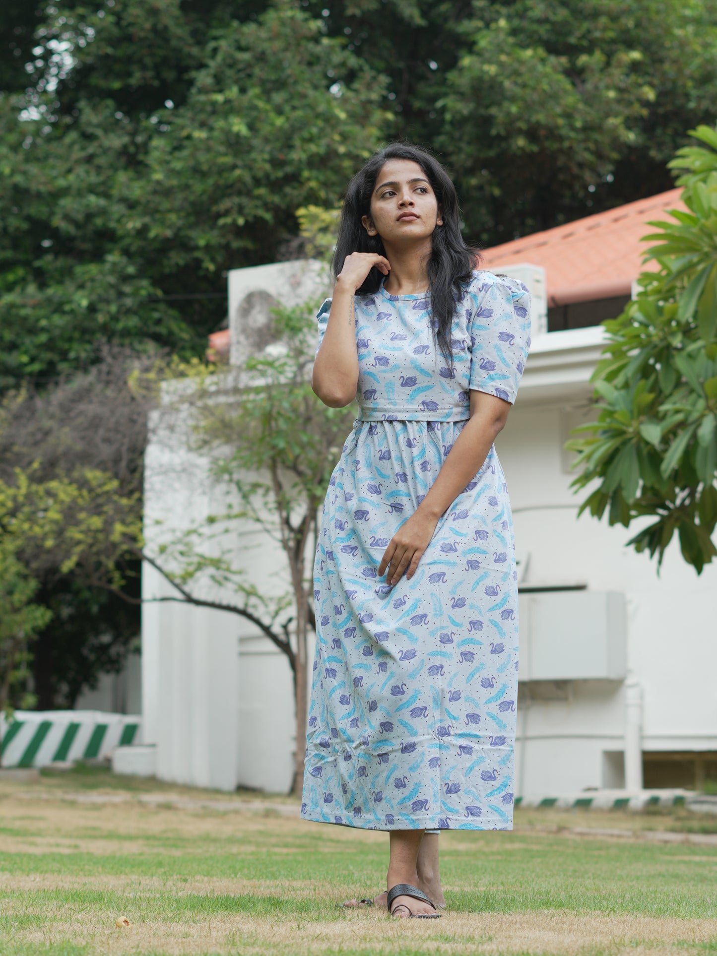 Sky Blue Swan Print Maternity Feeding Maxi Dress