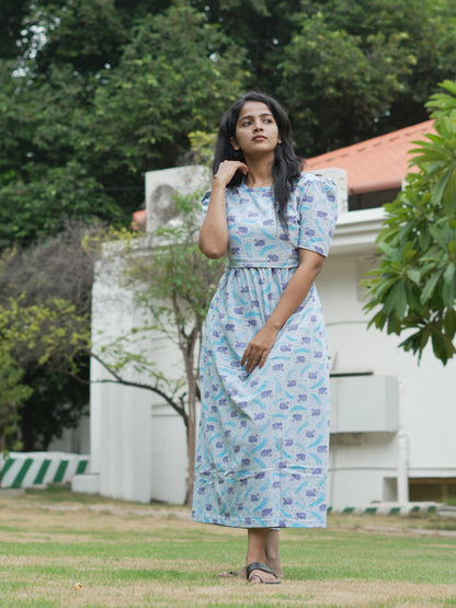 Sky Blue Swan Print Maternity Feeding Maxi Dress