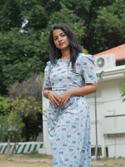Sky Blue Swan Print Maternity Feeding Maxi Dress
