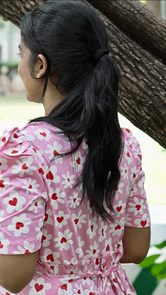 Pink Blossom Heart Print Maternity Feeding Maxi Dress