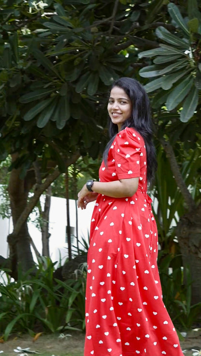 Red Heart Print Maternity Feeding Maxi Dress