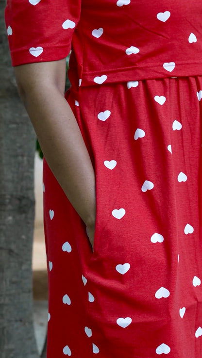 Red Heart Print Maternity Feeding Maxi Dress