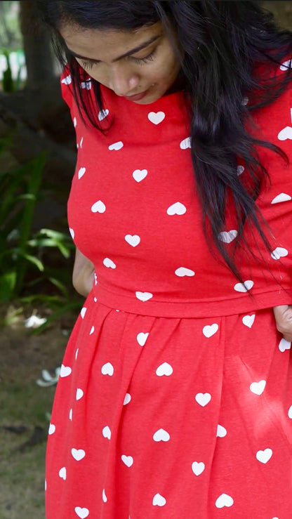 Red Heart Print Maternity Feeding Maxi Dress