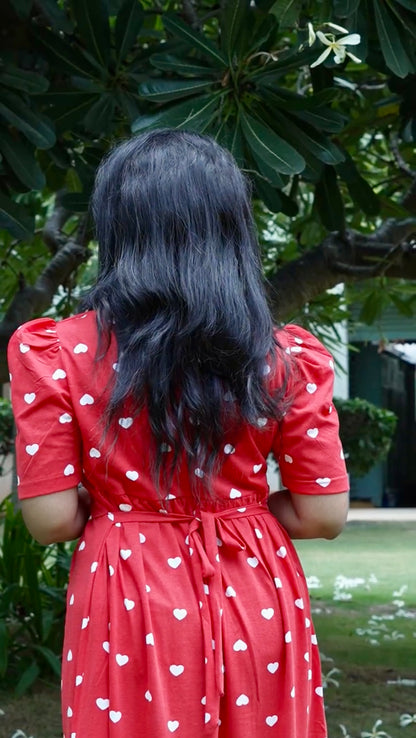 Red Heart Print Maternity Feeding Maxi Dress